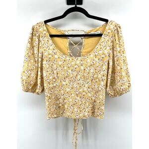 Abercrombie & Fitch Linen Cropped Shirt Lace Up Back Size M Boho Floral